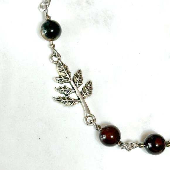 Genuine Dark Brown Agate Necklace, Natural Gemstone & Silver Leaf Branch Pendant - Picture 6 of 14